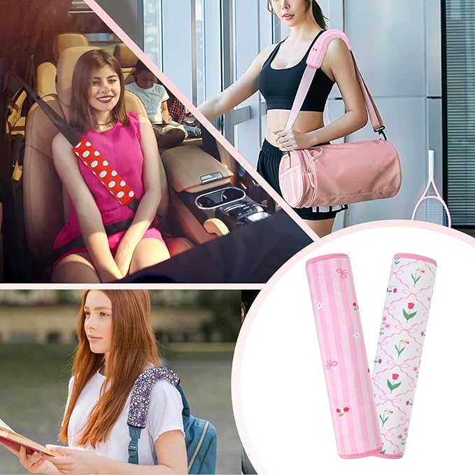 2 Pcs Plush Universal Seat Belt Cover Pad - 2-in-1 Soft Bag Handle Sleeve, Skin-Friendly & Breathable, Machine Washable, Cute Designs for Men Women Kids Car Accessories, Flower