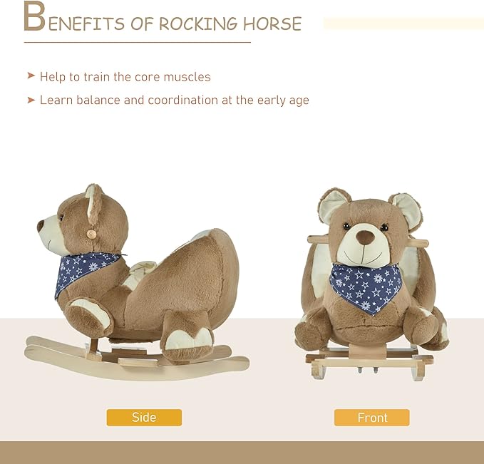 Qaba Baby Rocking Horse with Lullaby, Ride On Horse, Bear Themed Plush Animal Rocker with Pedals for Ages 18-36 Months, Easy to Assemble