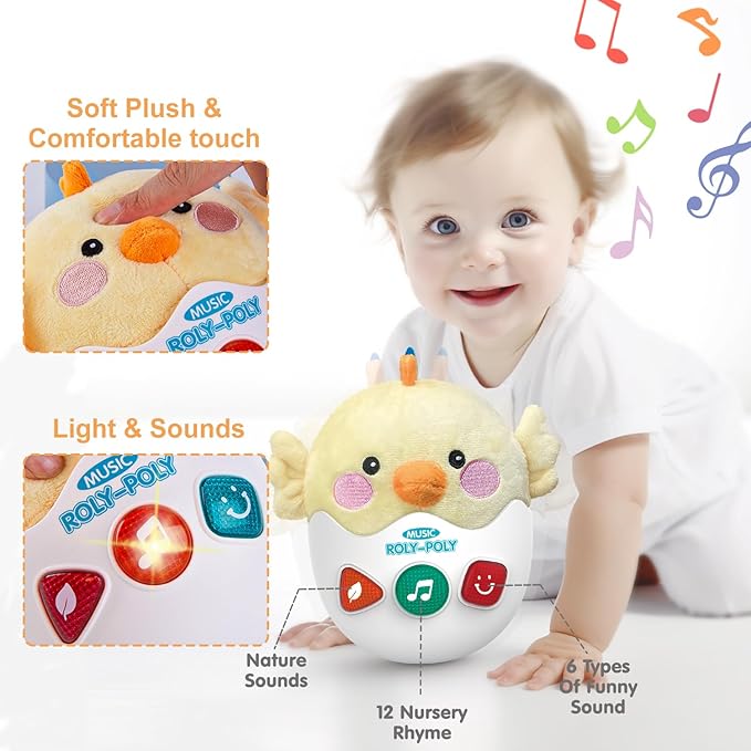 Baby Toys 0-6-12 Months, Chick Musical Plush Cute Stuffed Animal Infant Tummy Toys with Light & Sounds, Roly-Poly Sensory Toy Birthday Valentines Easter Egg Gift for Newborn Boys & Girls