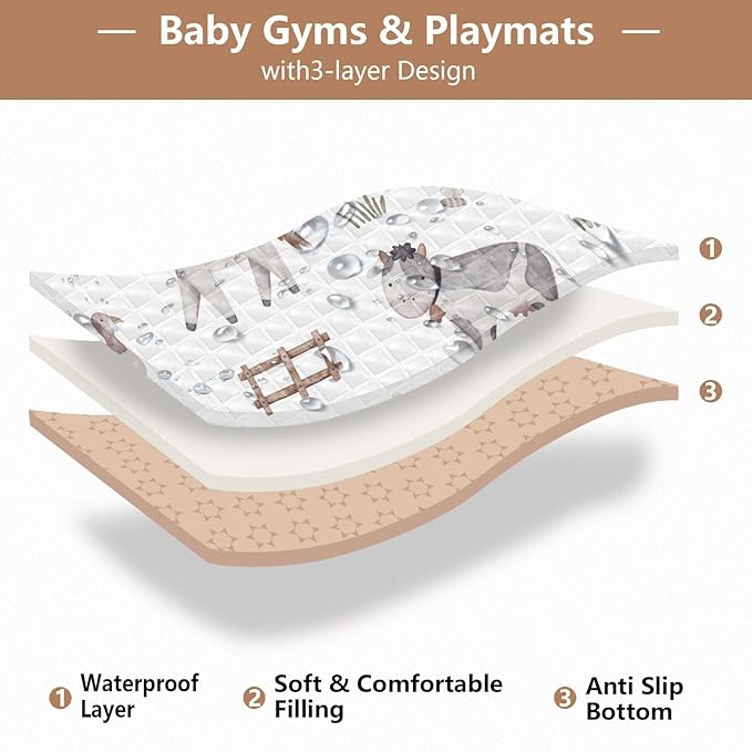 Baby Play Mat Watercolor Farm Animals Tractor 50 x 50 Playpen Mat Baby Play Mats for Floor Play Gym Crawling Mat Non-Slip Cushioned Baby Playmat for Infants, Babies, Toddlers