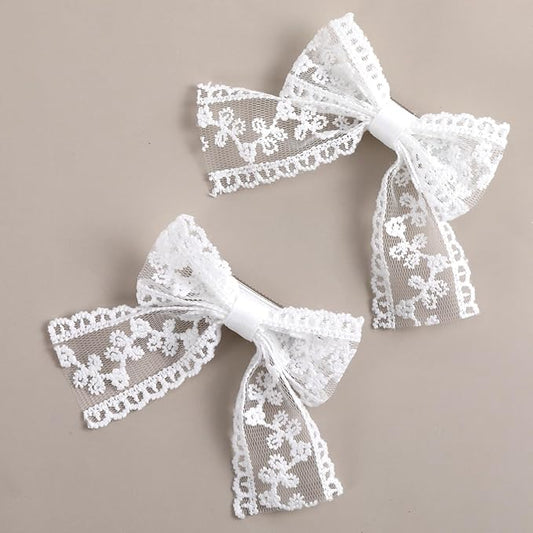 2 Pcs 3" Small White Lace Hair Bow Clips with Long Tail Ribbon Bow Alligator Barrettes Pin, Alligator Clips Hair Accessories, Handmade Hair Accessories for Girls Toddler Kids Children Teens, White