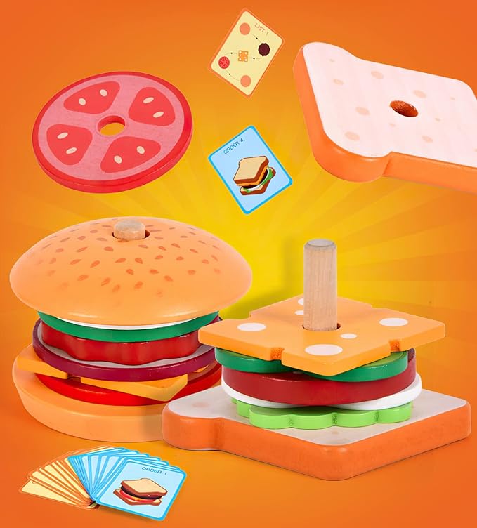 Wooden Burger Sandwich Stacking Toys for Kids, Montessori Toys for Toddlers & Preschoolers, Develops Fine Motor Skills