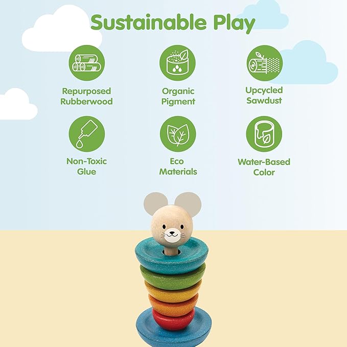 PlanToys® Mouse Stacking Ring Wooden Montessori Size and Colour Sorting Toy | Fine Motor, Coordination and Early Math Learning Activity | Eco Friendly Educational Stacking Toy