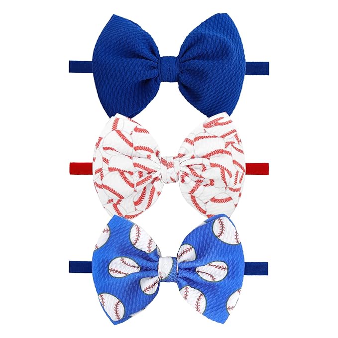 3PCS Baseball Hair Bows for Baby Girls Toddler Newborn Infant Headbands Softball Hair Accessories Baby Blue Headband for Sport Parties