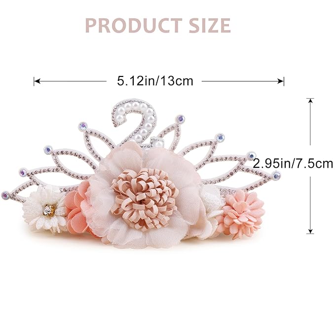 cherrboll Flower Headband Birthday Crown for Girl, Floral Nylon Hairband for 1-3 Years Old Toddler, 2nd Birthday Party Dress Photo Decoration Hair Accessory