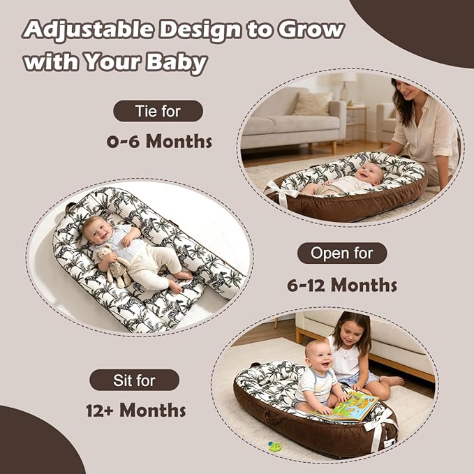 Baby Lounger-Breathable and Soft Organic 100% Cotton, Portable Infant Lounger with Removable Lounger Cover, Baby nest Lounger for Newborn - Brown Zebra