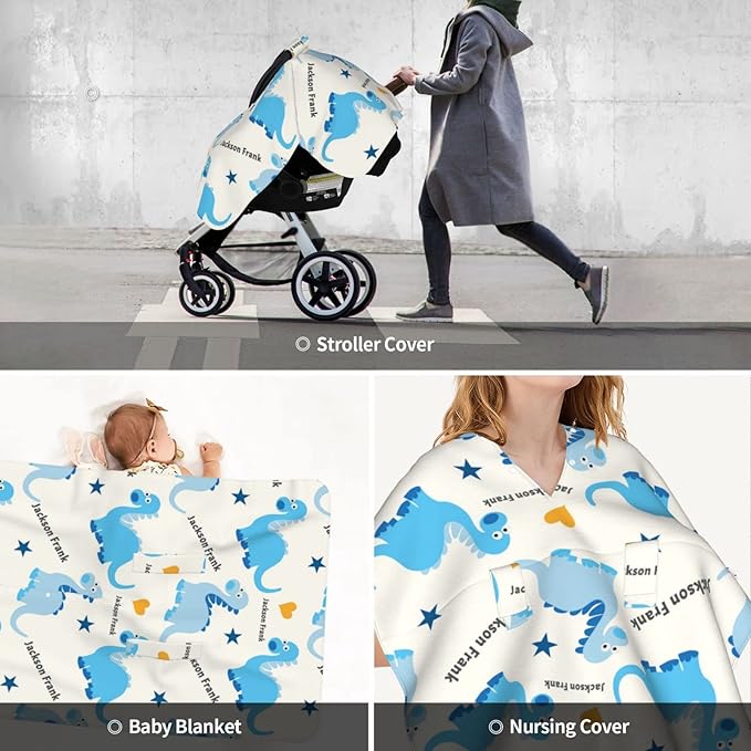 Personalized Baby Car Seat Cover Canopy with Name for Girls Boys Custom Dinosaur Baby Carrier Covers