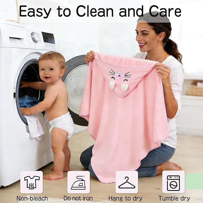 Hooded Baby Towel Set, 32x32 Inch Absorbent Bath Towels, 4 PCS Soft Hooded Towels, Perfect for Newborns, Toddlers, Babies, Essential Baby Bath Accessories (Pink + Blue + White + Yellow)