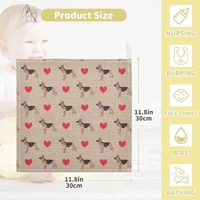 Newborn Face Towel Dog German Shepherd Hearts Soft Cotton Baby Washcloths 11.8 x 11.8 Inch Infants Girls Boys Muslin Burp Cloths 5 Pack