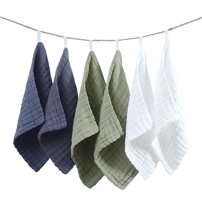 MUKIN Baby Washcloths, Muslin Cotton Face Cloths, Newborn Soft Absorbent Bath Wipes, Burp Cloths or Towels, Pack of 6, 12x12 inches (White,Dark Gray,Tea Green)