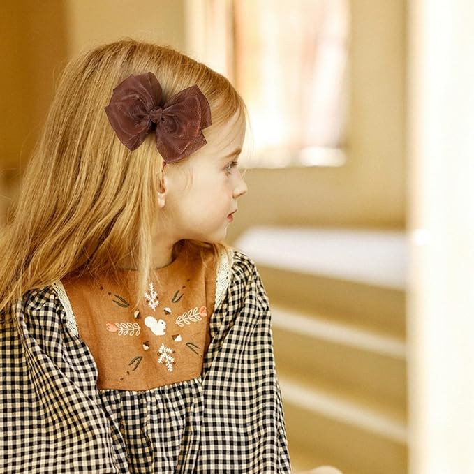 Brown Mesh Hair Bows Alligator Clip 4" Organza Double Tulle Bow Hair Barrettes Pins Happy Fall Thanksgiving Dress Outfit Decoration Accessory Gift for Teens Toddler Girls Kid Child