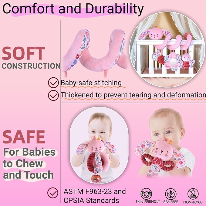 Baby Spiral Car Seat Toys for Babies 0-6 Months Girl, Stroller Hanging Stuffed Animal Carseat Crinkle Rabbit Toy 0-3-4-5-7-8-9-12 Month, Newborn Infant Gifts Easter Basket Stuffers Bunny 3PCS