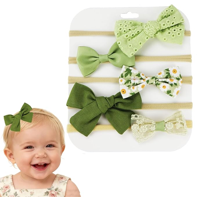 Baby Bow Headband Nylon Hairbands Stretchy Baby Hairbands Hair Accessories for Newborn Infant Toddlers Kids (5, Green)