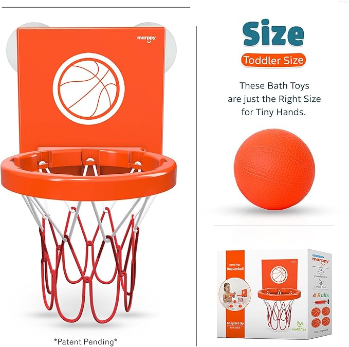 MARPPY Bath Toys - Bathtub Basketball Hoop for Toddlers Kids | Suction Cups Baby Mini Basketball Hoop with 4 Soft Balls | Fun Bath Toy for Boys and Girls