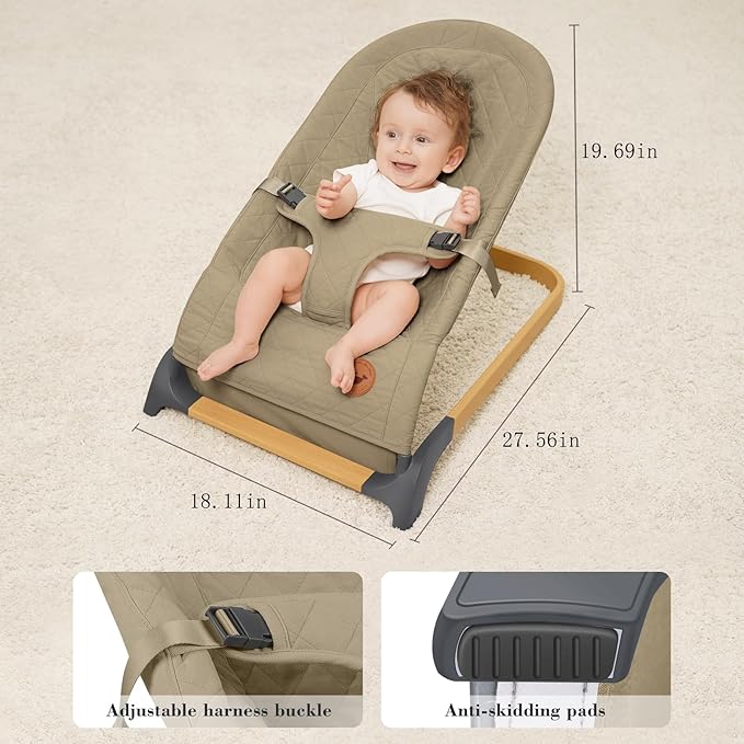 ANGELBLISS Baby Bouncer, Portable Bouncer Seat for Babies, Infants Bouncy Seat with Cotton Fabric, Natural Vibrations (Brown)
