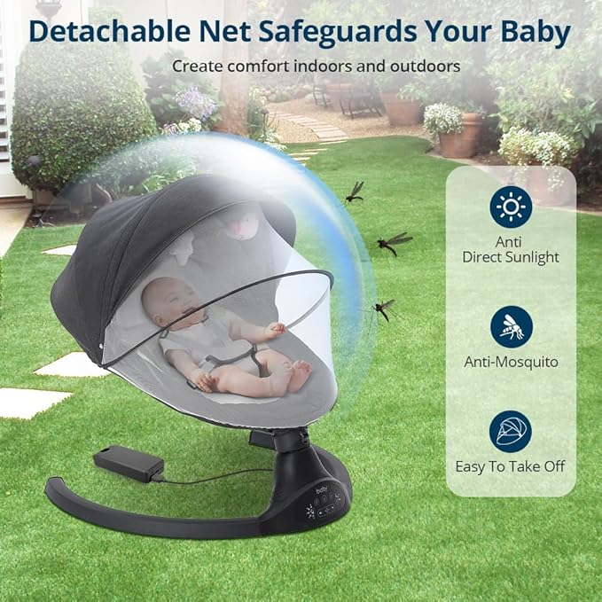 Bioby Baby Swing for Infants with 5 Natural Sway Speeds, Portable Bt Music Rocker with Remote Control&5-Point Harness, Lightweight Baby Rocker for 5-20 Lb,0-12 Months Black