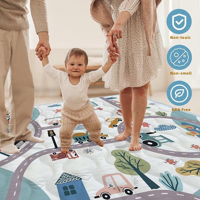 Baby Play Mats for Floor, 50X50 Playpen Mat, Car Playmat Non-Slip Cushioned Crawling Mat Thick Soft Playmats for Babies Toddlers Infants Activity & Tummy Time, Machine Washable (Car,50x50)