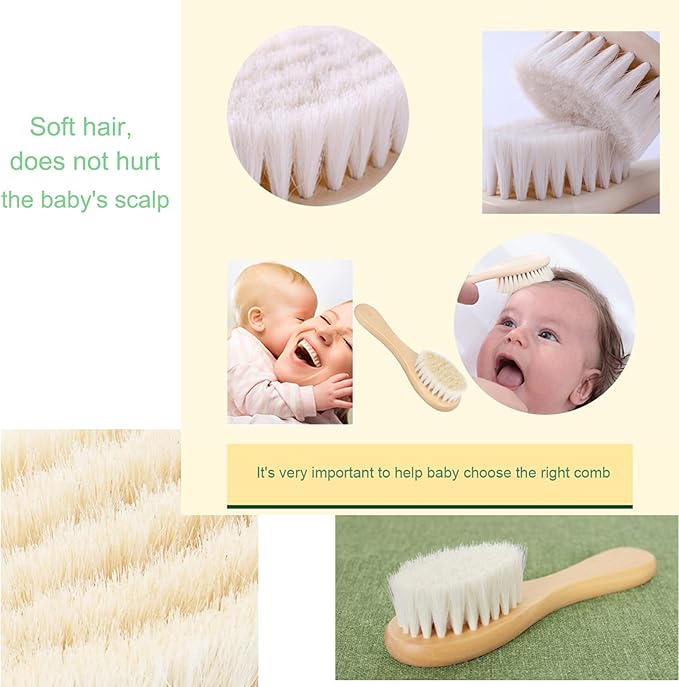 Baby Hair Brush with Wooden Handle and Comb Set for Newborns & Toddlers | Natural Soft Goat Bristles l Wood comb l Yellow Silicone Brush| Ideal for Cradle Cap (3PCS)
