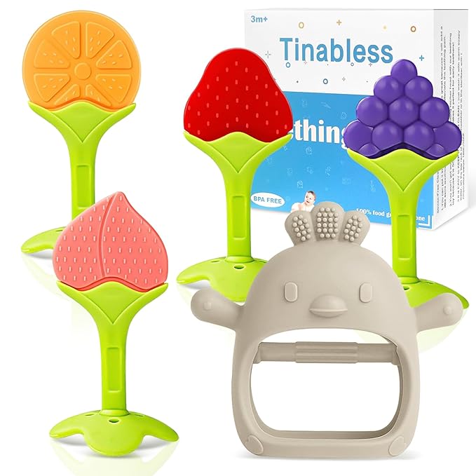 Tinabless Baby Teething Toys 5 Pack, Silicone Teething Mitten & Hand Teethers for Babies 3+ Months, BPA-Free Food Grade Silicone Chew Toys, Anti-Drop, Freezer Safe, Caramel