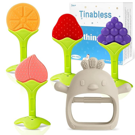 Tinabless Baby Teething Toys 5 Pack, Silicone Teething Mitten & Hand Teethers for Babies 3+ Months, BPA-Free Food Grade Silicone Chew Toys, Anti-Drop, Freezer Safe, Caramel
