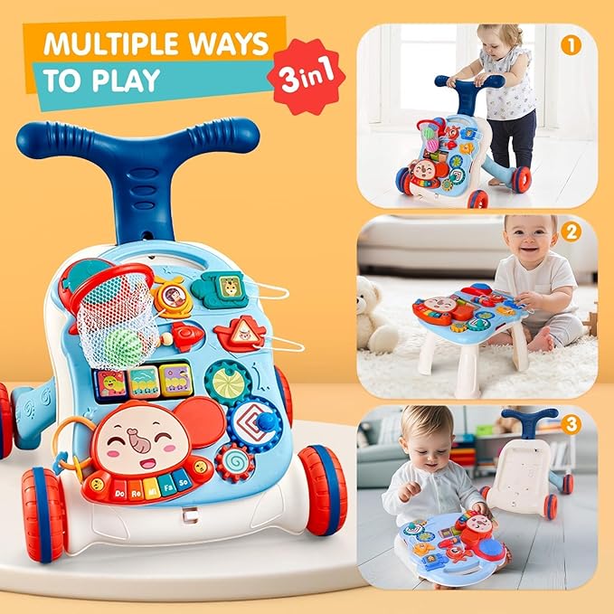 AuntyFey Baby Walker, 3 in 1 Push Walker for Baby Girls Boys, Baby Walking Toy for 1 Year Old Learning to Walk, Sit to Stand Baby Walker Push Toy for Girl 12 Months, Blue