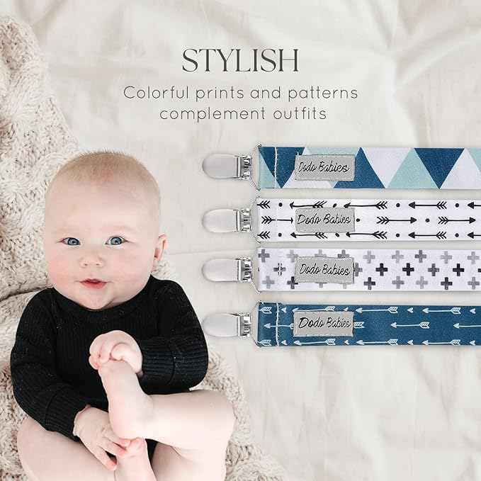 Dodo Babies Pacifier Clip Set - Universal Holder & Pacifier Holder - Detachable Binky Case & Binky Clip - Durable Polyester Straps - 5-Piece Set, Blue/White/Grey Geo Prints