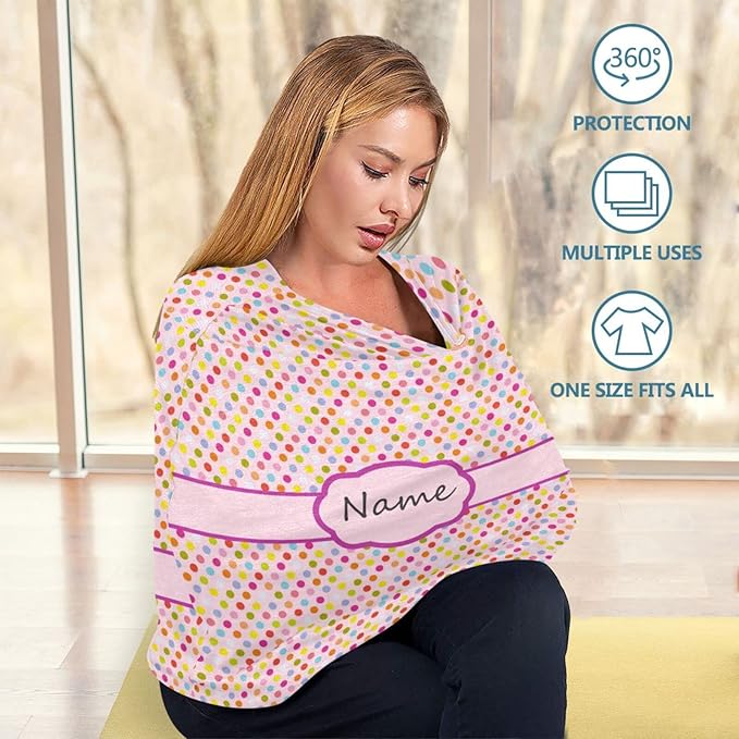 Personalized Baby Name Car Seat Covers for Girls, Custom Multiuse Nursing Cover Breastfeeding Scarf, Carseat Canopy, Gift for Newborn Daughter, Infant Stroller Cover, Colorful Dots