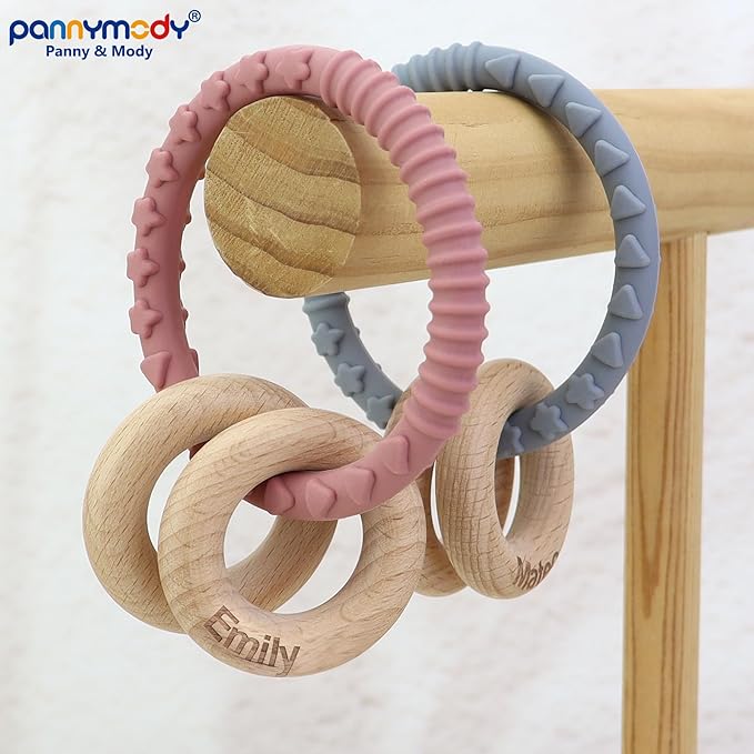 Personalized Teether Rattle with Name - Custom Teething Toys Wooden Ring Gift