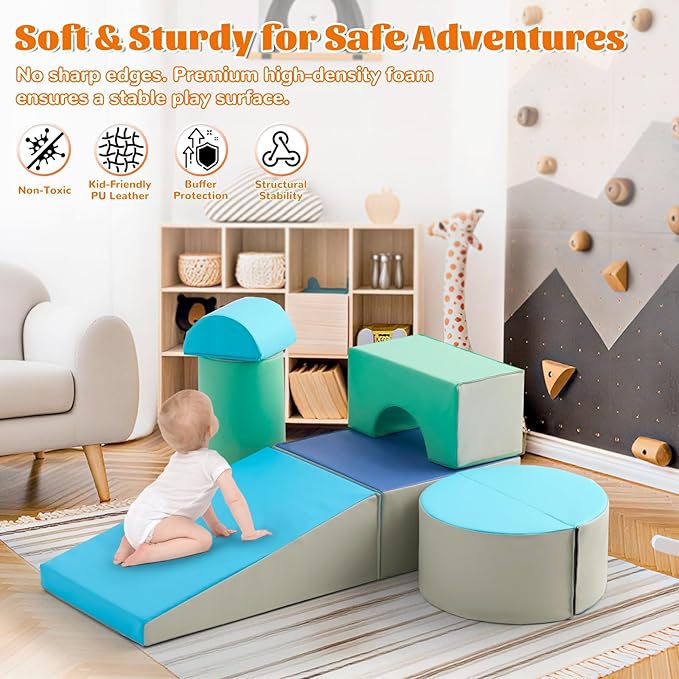 Toddler Climbing Toys Indoor, 5-Piece Foam Baby Climbing Blocks, Soft Play Climbing Set for 1-3 Years Old, Modular Crawling & Sliding Equipment, Waterproof Easy to Clean (Green)