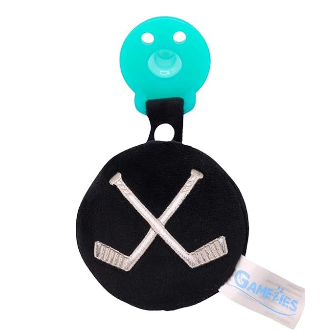 Gamezies Baby Boy and Girl Silicone Pacifier with Detachable Sports Plush Toy Holder, Hockey Puck