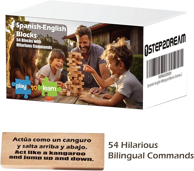 1step2dream Spanish Stacking Tower Game | Bilingual Block Game for Kids Adults | Perfect for Family, Classroom | 54 Hilarious Commands | Ideal Learning Board Game Gift