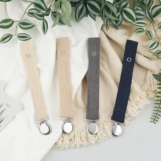 Baby Pacifier Clip Leash Holder Unisex for 4 Pack Gift Set with Neutral Solid Colors ;Soft Linen Pacifier Clips ; Fabric Pacifier Strap with Clip Keeps Pacifiers & Teethers in Place