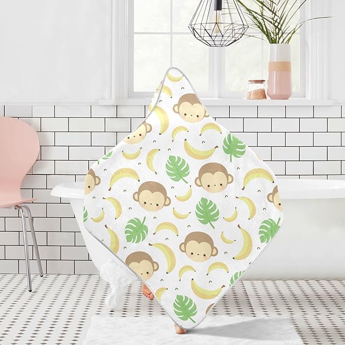 Cute Monkey Baby Boys Girls Bath Towel Banana Palm Leaves Hooded Towels Newborn Toddlers Organic Cotton Washcloths Shower Beach Towel 35 x 35 Inch
