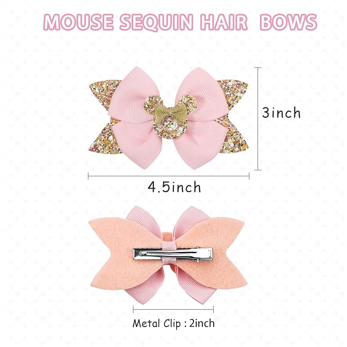 Qearl 8 Pcs Mouse Ears Bow Clips for Girls, Polka Dot Red Bows Theme Park Costume Party Decoration for Toddlers Girls in Pairs