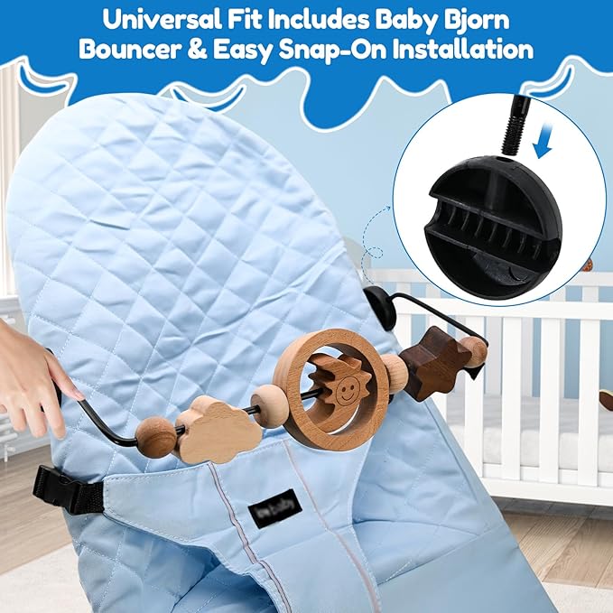 Natural Wooden Activity Toy Bar for Baby Bjorn Bouncer, 360° Rotating Smiling Moon Hanging Toys for Infant Car Seat & Stroller, Sensory Development Toy 0-12 Months