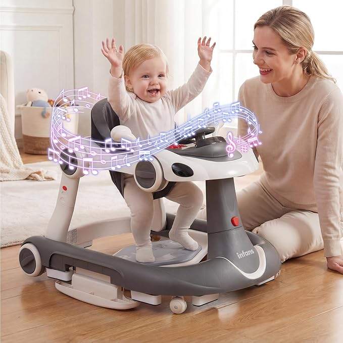 INFANS 6-in-1 Foldable Baby Walker, Converts Push Car to Bouncer, Rocker with Music, Lights, Adjustable Height & Speed, Activity Center, Canopy for 7-18 Months (Gray White)