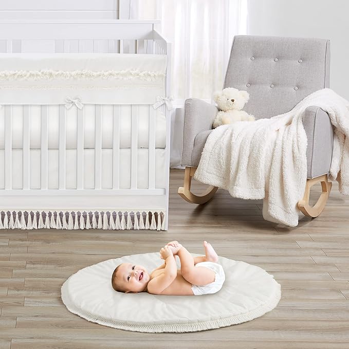 Sweet Jojo Designs Ivory Boho Bohemian Girl Boy Baby Playmat Tummy Time Infant Play Mat - Gender Neutral Solid Color Beige Cream Off White Farmhouse Chic Unisex Minimalist Tassel Fringe Macrame Cotton