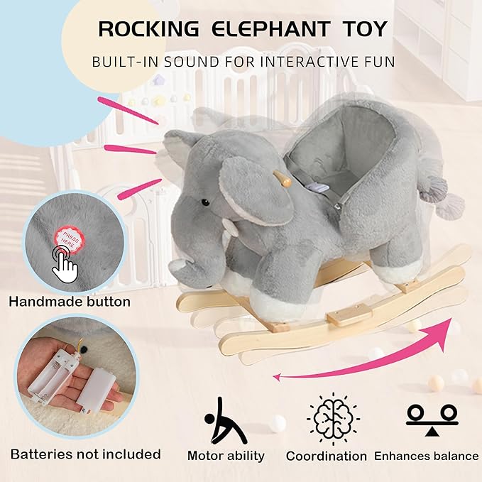 Baby Rocking Horse, Plush Elephant Riding Horse with Music, Wooden Rocking Horse for Toddlers 1 Year Old, Gray Stuffed Ride-on Rocker Animals Toy for Baby Boys and Girls Christmas Birthday Gift Gray