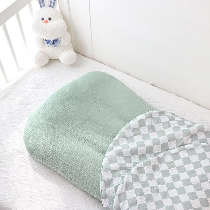 DILIMI Baby Lounger Covers, 2 Pack Muslin Newborn Lounger Cover, Soft Comfortable Removable Infant Pillow Slipcover for Girl and Boy, Green Checkered (Lounger not Included)