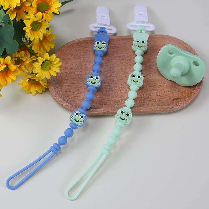 Pacifier Clips 2 Pack, Silicone Baby Pacifier Clips with One Piece Design, Frog Character, BPA Free - CPSIA Certified, Soft Flexible Paci Clip Holder