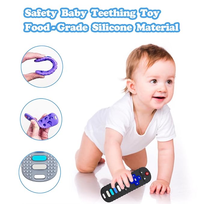 ROBBEAR Baby Teething Toys, Food Grade Silicone Teether for Babies 3 6 12 18 Months, TV Remote Shape Toddlers Chew Toys, Freezer BPA Free (Blue+Beige)