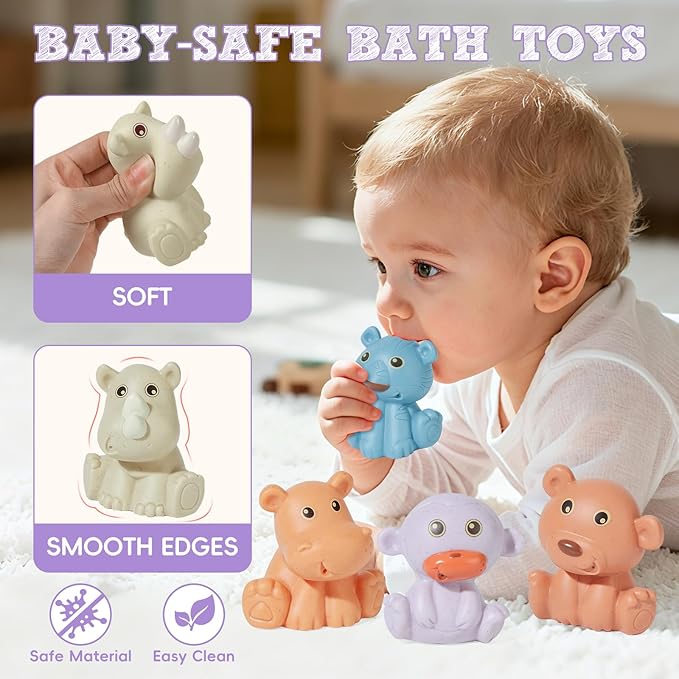 Baby Bath Toys, 9 Pack | Sealed, No Hole & Mold Free Bath Toys for Babies 6-12 Months | Soft, Squeezable & Float on Water | Safe, Easy-Grip Toddler Bath Toy Set | Baby Water Pool Toys-Wild Animal