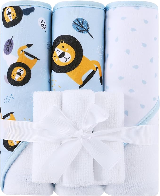 Viviland 6 Pcs Hooded Baby Towels and Washcloths Set, Super Gentle Bath Towels for Newborn Face & Body, Absorbent Wash Cloth for Infants Boys, Blue-Lion Pattern, 28 x 28 inch