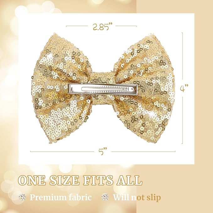 5 inch Glitter Sequin Gold Hair Bows and Clips for Baby Toddler Girls - Big Hair Accessories
