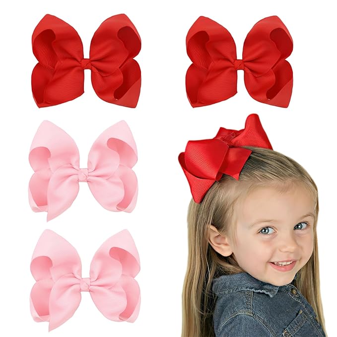 Hair Bows for Girls Alligator Clips Red Pink Grosgrain Ribbon For Valentines Day Solid Color 4PCS Hair Accessories for Little Teen Toddler Girls Kids