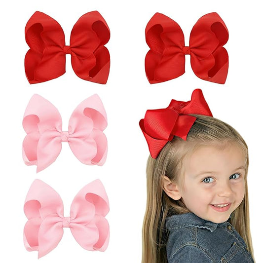 Hair Bows for Girls Alligator Clips Red Pink Grosgrain Ribbon For Valentines Day Solid Color 4PCS Hair Accessories for Little Teen Toddler Girls Kids