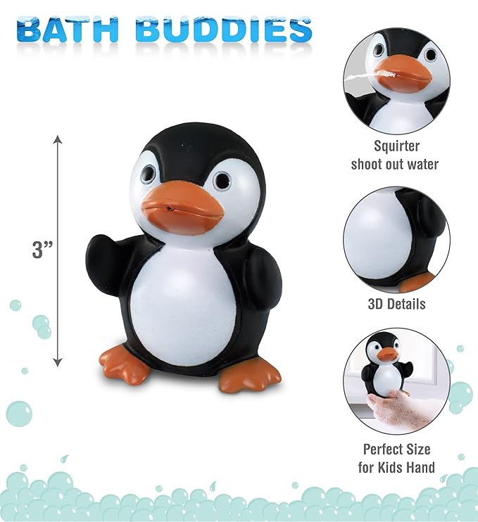 DolliBu Penguin Bath Buddy Squirter - Floating Black Penguin Rubber Bath Toy, Fun Water Squirting Bathtime Play for Toddlers, Cute Sea Life Animal Toy for The Bathtub, Beach, & Pool for Girls & Boys