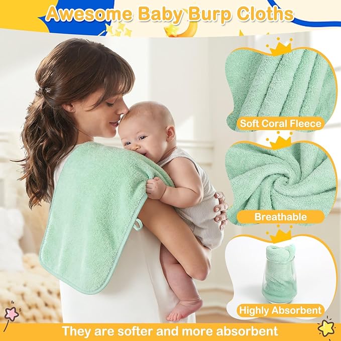 Flasoo 12 Pcs Baby Towel Set, Soft Baby Bath Towels and Washcloths Set, 2 Pcs Hooded Baby Towel, 2 Pcs Baby Burp Cloths and 8 Pcs Baby Washcloths for Infants, Toddlers and Kids (Dinosaurs & Elephants)