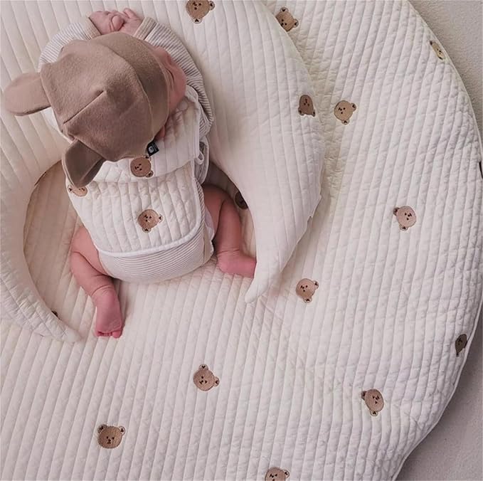 Baby Embroidered Play Mat, 33.5" Soft Cotton Crawling Rug, Detachable Washable Floor Mat for Kids Room, Gym & Nursery, White Olives