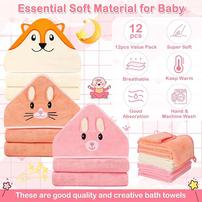 Sublaga 31x31 Inch Baby Hooded Towels, 12Pcs Baby Towels and Washcloths Set, Soft and Absorbent Baby Bath Towels, 3 PCS Cute 32x32 in Baby Towel with Hood and 9 Pcs Baby Washcloths for Boys and Girls